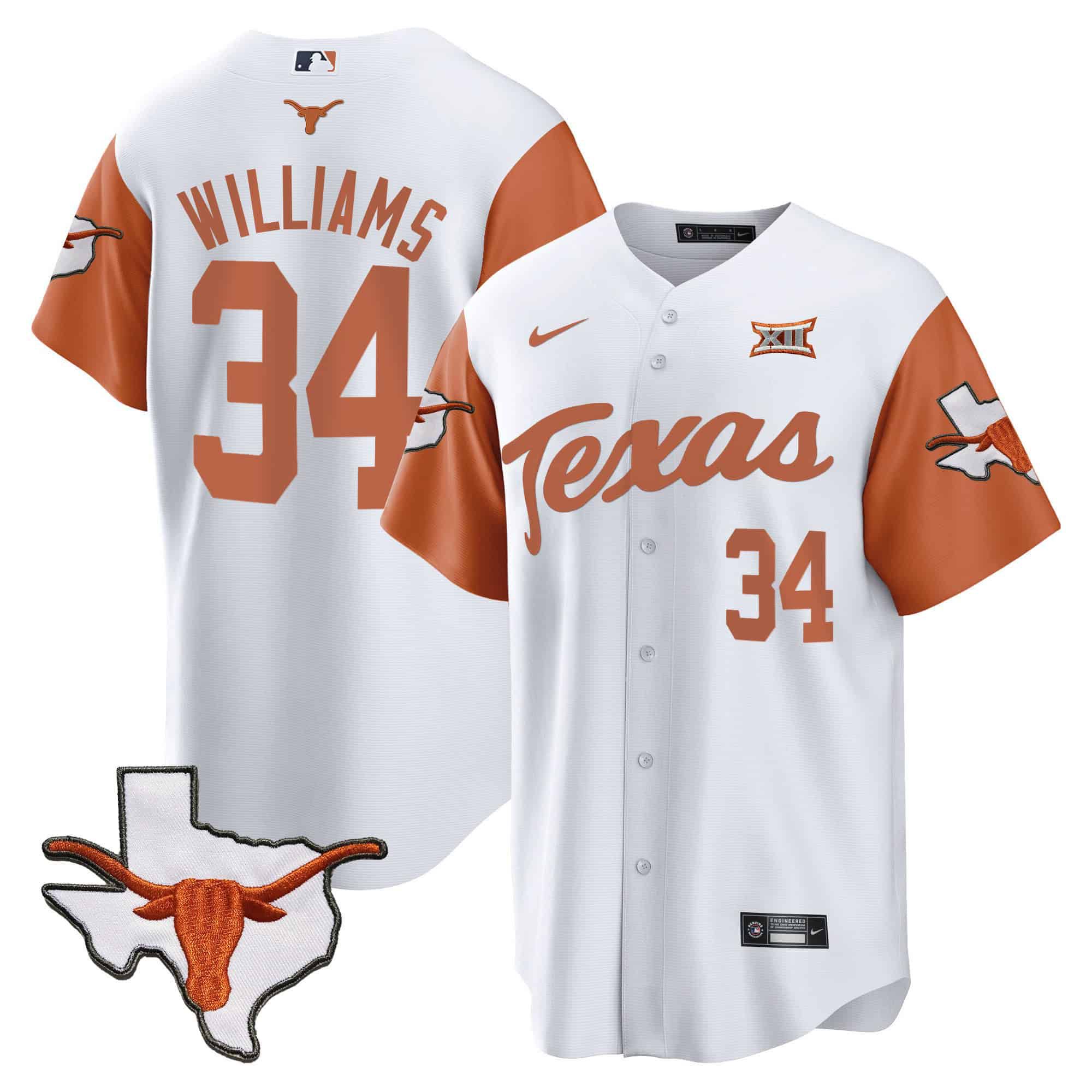 Men Texas Longhorns 34 Williams White 2024 Baseball NCAA Jersey style 1